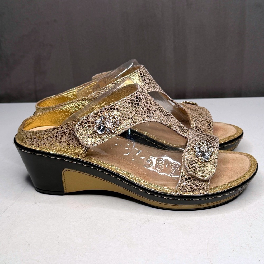 Alegria Lara Wedge Sandals Womens 38 Gold Leather Rhinestone Snake Print LAR-669